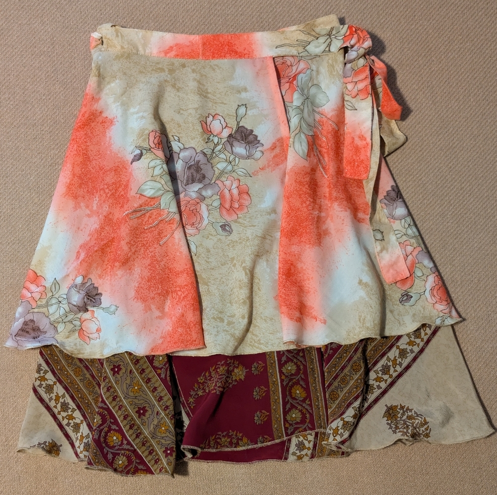 Darn Good Bohemian Patterned Sari Wrap Skirt Silk Blend